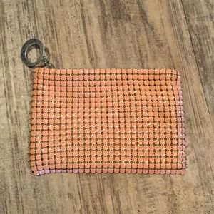 Vintage Pink Enameled Metal Mesh Coin Change Purse